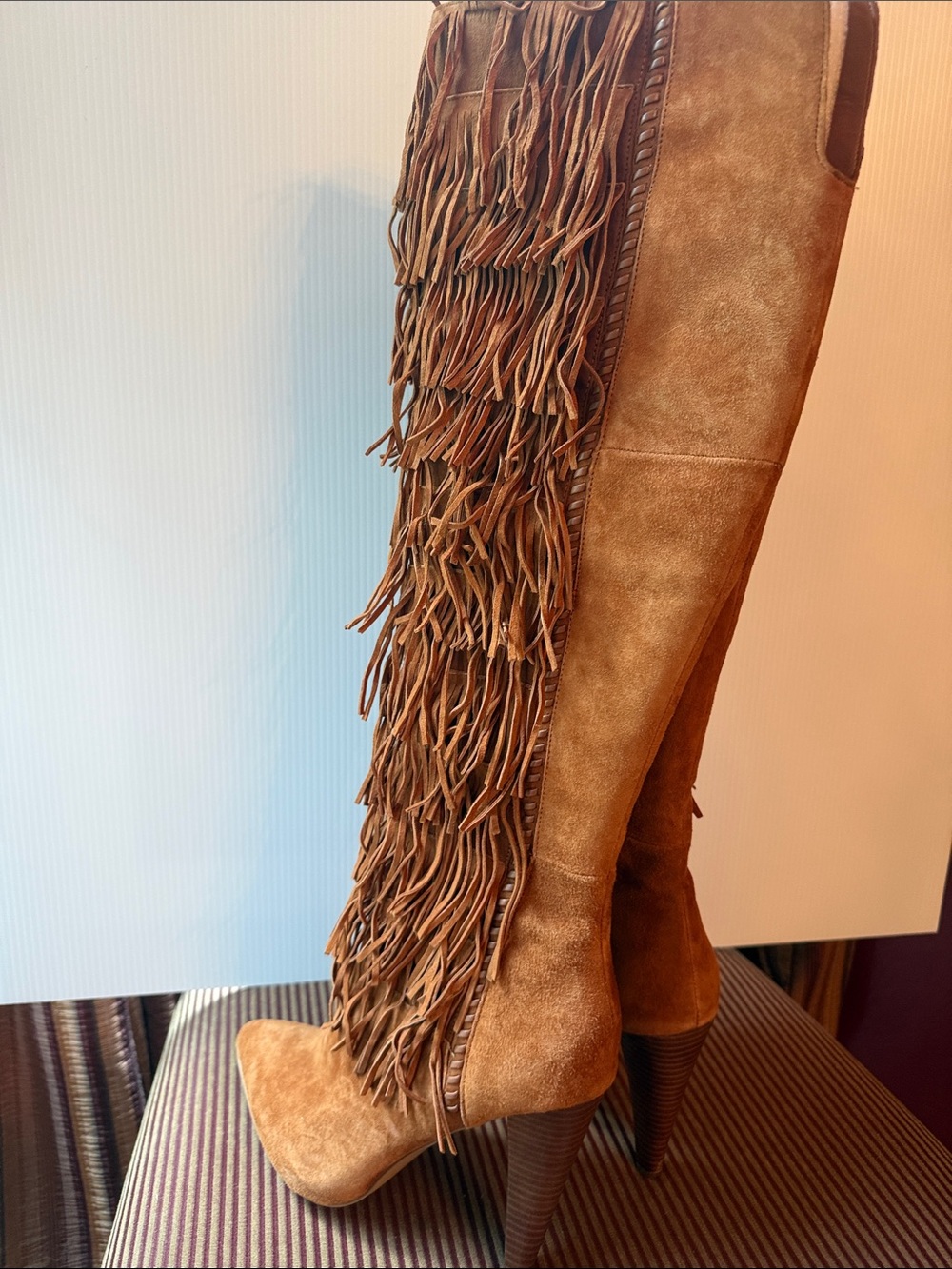 Steve Madden Maraka Fringe Suede Knee-High Stiletto Boots in Brown - Picture 2 of 3